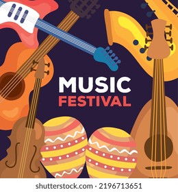 music festival lettering with instruments frame