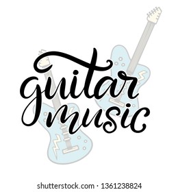 Music festival lettering vector illustration with  guitar. Calligraphy style template for poster, banner, flyer, ticket, event program, brochure for summer open air concert, guitar lessons logotype.