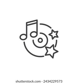 Music Festival line icon. linear style sign for mobile concept and web design. Musical note and vinyl with stars outline vector icon. Disco party symbol, logo illustration. Vector graphics