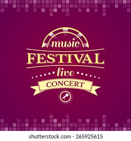 Music festival live concert, music label, logo with headphones, vector typography