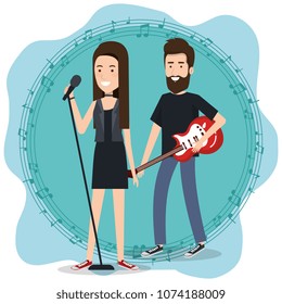 music festival live with couple playing electric guitar and sing