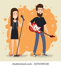 music festival live with couple playing electric guitar and sing