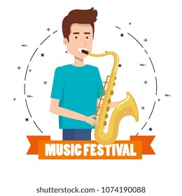 music festival live with man playing saxophone