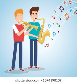 music festival live with men playing saxophone and trumpet