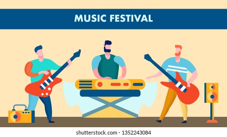 Music Festival, Live Show Flat Vector Illustration. Men with Musical Instruments Cartoon Characters. Guitarists and Keyboard Player. Rock Group, Band Music Show. Banner, Poster with Lettering