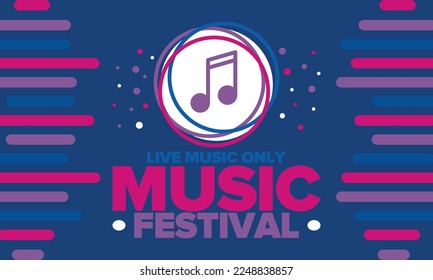 Music Festival. Live music show, musical performance. Summer outdoor concert. Fun event, vacation relaxation. Music bands, many stages and big crowd with happy dancing people. Night club party