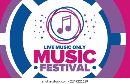 Music Festival. Live music show, musical performance. Summer outdoor concert. Fun event, vacation relaxation. Music bands, many stages and big crowd with happy dancing people. Night club party