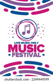 Music Festival. Live music show, musical performance. Summer outdoor concert. Fun event, vacation relaxation. Music bands, many stages and big crowd with happy dancing people. Night club party