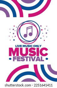 Music Festival. Live music show, musical performance. Summer outdoor concert. Fun event, vacation relaxation. Music bands, many stages and big crowd with happy dancing people. Night club party