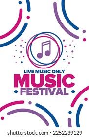 Music Festival. Live music show, musical performance. Summer outdoor concert. Fun event, vacation relaxation. Music bands, many stages and big crowd with happy dancing people. Night club party