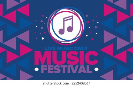 Music Festival. Live music show, musical performance. Summer outdoor concert. Fun event, vacation relaxation. Music bands, many stages and big crowd with happy dancing people. Night club party