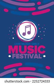 Music Festival. Live music show, musical performance. Summer outdoor concert. Fun event, vacation relaxation. Music bands, many stages and big crowd with happy dancing people. Night club party