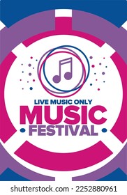 Music Festival. Live music show, musical performance. Summer outdoor concert. Fun event, vacation relaxation. Music bands, many stages and big crowd with happy dancing people. Night club party