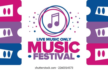 Music Festival. Live music show, musical performance. Summer outdoor concert. Fun event, vacation relaxation. Music bands, many stages and big crowd with happy dancing people. Night club party