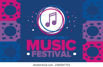 Music Festival. Live music show, musical performance. Summer outdoor concert. Fun event, vacation relaxation. Music bands, many stages and big crowd with happy dancing people. Night club party