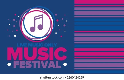 Music Festival. Live music show, musical performance. Summer outdoor concert. Fun event, vacation relaxation. Music bands, many stages and big crowd with happy dancing people. Night club party