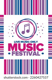 Music Festival. Live music show, musical performance. Summer outdoor concert. Fun event, vacation relaxation. Music bands, many stages and big crowd with happy dancing people. Night club party