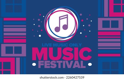 Music Festival. Live music show, musical performance. Summer outdoor concert. Fun event, vacation relaxation. Music bands, many stages and big crowd with happy dancing people. Night club party