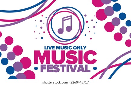 Music Festival. Live music show, musical performance. Summer outdoor concert. Fun event, vacation relaxation. Music bands, many stages and big crowd with happy dancing people. Night club party