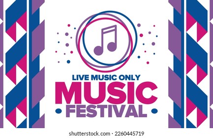 Music Festival. Live music show, musical performance. Summer outdoor concert. Fun event, vacation relaxation. Music bands, many stages and big crowd with happy dancing people. Night club party