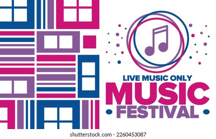 Music Festival. Live music show, musical performance. Summer outdoor concert. Fun event, vacation relaxation. Music bands, many stages and big crowd with happy dancing people. Night club party