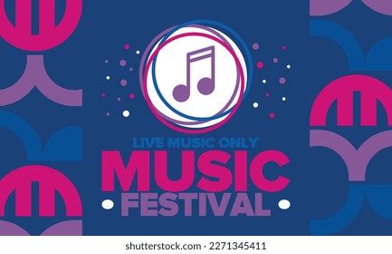 Music Festival. Live music show, musical performance. Summer outdoor concert. Fun event, vacation relaxation. Music bands, many stages and big crowd with happy dancing people. Night club party