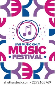 Music Festival. Live music show, musical performance. Summer outdoor concert. Fun event, vacation relaxation. Music bands, many stages and big crowd with happy dancing people. Night club party