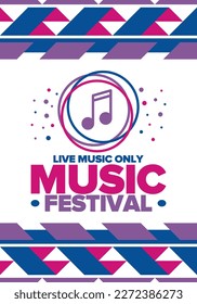 Music Festival. Live music show, musical performance. Summer outdoor concert. Fun event, vacation relaxation. Music bands, many stages and big crowd with happy dancing people. Night club party