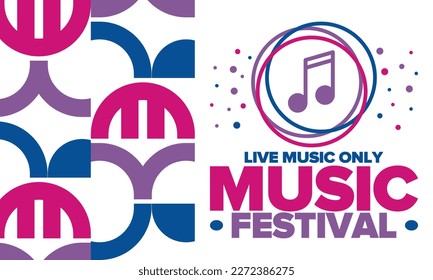 Music Festival. Live music show, musical performance. Summer outdoor concert. Fun event, vacation relaxation. Music bands, many stages and big crowd with happy dancing people. Night club party