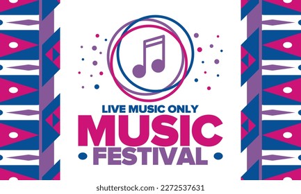Music Festival. Live music show, musical performance. Summer outdoor concert. Fun event, vacation relaxation. Music bands, many stages and big crowd with happy dancing people. Night club party