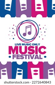 Music Festival. Live music show, musical performance. Summer outdoor concert. Fun event, vacation relaxation. Music bands, many stages and big crowd with happy dancing people. Night club party