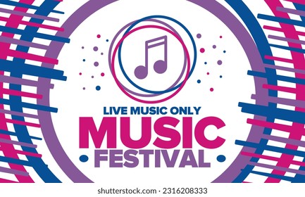 Music Festival. Live music show, musical performance. Summer outdoor concert. Fun event, vacation relaxation. Music bands, many stages and big crowd with happy dancing people. Night club party