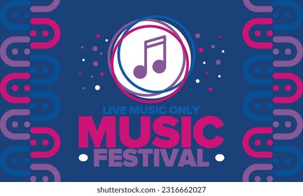 Music Festival. Live music show, musical performance. Summer outdoor concert. Fun event, vacation relaxation. Music bands, many stages and big crowd with happy dancing people. Night club party