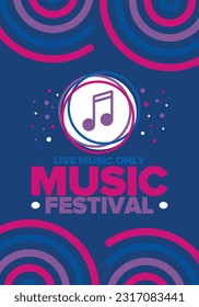 Music Festival. Live music show, musical performance. Summer outdoor concert. Fun event, vacation relaxation. Music bands, many stages and big crowd with happy dancing people. Night club party