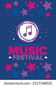 Music Festival. Live music show, musical performance. Summer outdoor concert. Fun event, vacation relaxation. Music bands, many stages and big crowd with happy dancing people. Night club party