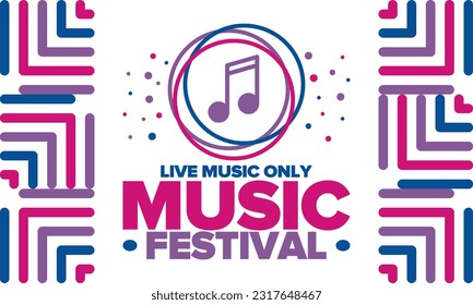 Music Festival. Live music show, musical performance. Summer outdoor concert. Fun event, vacation relaxation. Music bands, many stages and big crowd with happy dancing people. Night club party