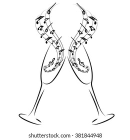 music festival logo, the outline of two champagne glasses with musical notes and the words Music Festival