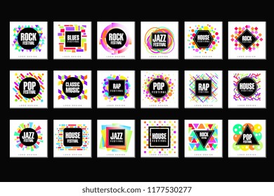 Music Festival logo set, classic, house, pop, rap, jazz music design element vector Illustrations