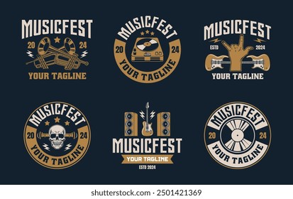 Music festival logo sign badge vector collection. Vintage rock festival and rockers music club logo with retro style vector design. Set of design elements for rock and roll music festival