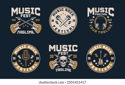 Music festival logo sign badge vector collection. Vintage rock festival and rockers music club logo with retro style vector design. Set of design elements for rock and roll music festival