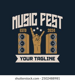 Music festival logo sign badge vector isolated. Vintage rock festival and rockers music club logo with retro style vector design. Design elements for rock and roll music festival