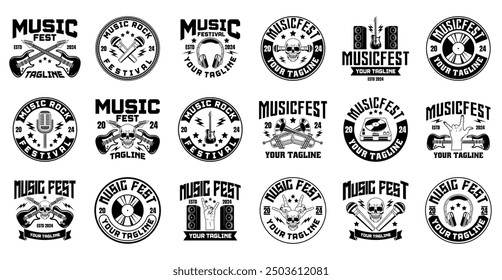 Music festival logo sign badge vector collection. Vintage rock festival and rockers music club logo with retro style vector design. Set of design elements for rock and roll music festival