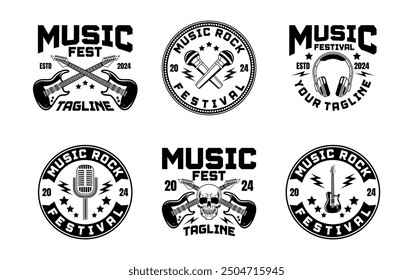 Music festival logo sign badge vector collection. Vintage rock festival and rockers music club logo with retro style vector design. Set of design elements for rock and roll music festival