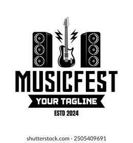 Music festival logo sign badge vector isolated. Vintage rock festival and rockers music club logo with retro style vector design. Design elements for rock and roll music festival