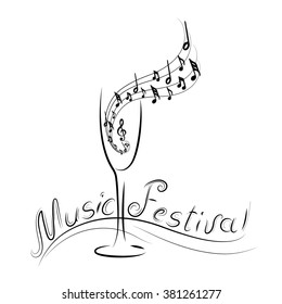 Music Festival logo silhouette a glass of champagne with notes and treble clef sign with the music festival