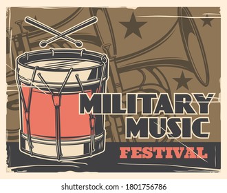 Festival de música, afiche vectorial de la banda militar y el desfile del ejército. Instrumentos de música de la guardia militar triunfan sobre el latón y los tambores, desfile de la marcha de la academia de soldados y ceremonia del día de la independencia concierto en vivo