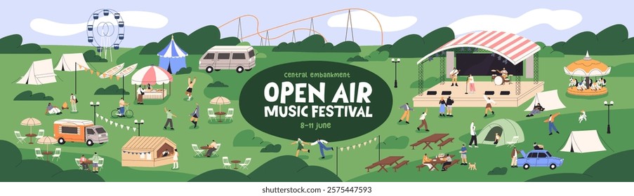 Music festival at nature event banner design. Promotion template of open air concert in amusement park. Summer camp with stage, food trucks, crowd of dancing people outdoors. Flat vector illustration