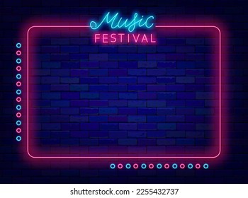 Music festival neon advertising. Night party poster. Concert and disco club. Shiny lettering with pink frame. Simple banner. Copy space. Bright flyer. Vector stock illustration