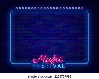 Music festival neon advertising on brick wall. Karaoke party and talent concert. Shiny lettering with blue frame. Minimal banner on brick wall. Copy space. Bright flyer. Glowing poster. Vector stock i