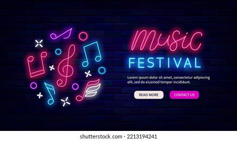 Music Festival Neon Flyer Promotion. Website Landing Page. Circle Layout With Musica Notes. Glowing Greeting Card. Light Advertising. Vector Stock Illustration